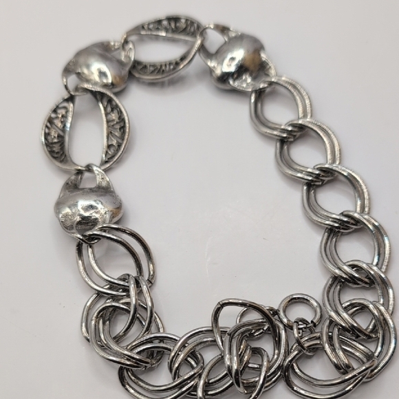 Chunky Silver Necklace with Blue Stones and Textured Links - Picture 5 of 5